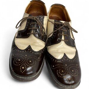 Vintage 1940 Brown Ivory Wingtip Leather Shoes Mens 8.5 Lace Up Oxfords Goodyear